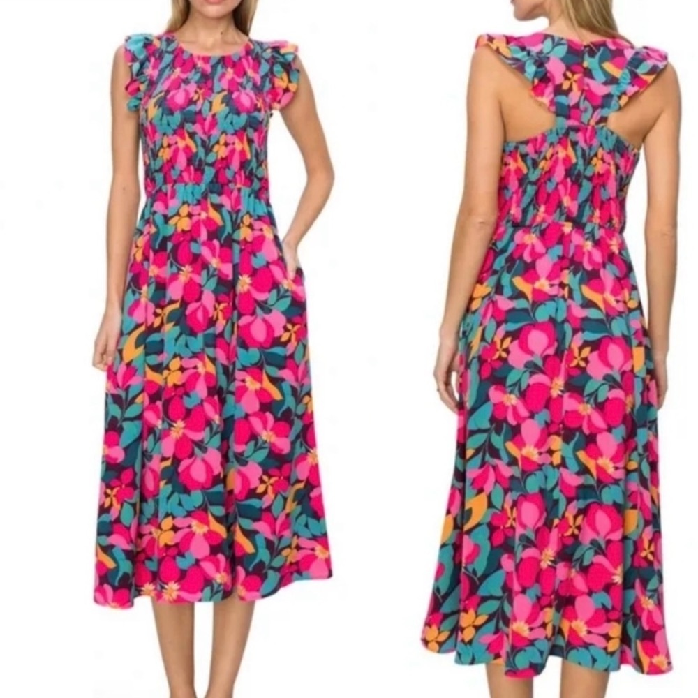 Melloday Sleeveless Smocked Bodice Floral Pink and Blue Midi Dress - Size S